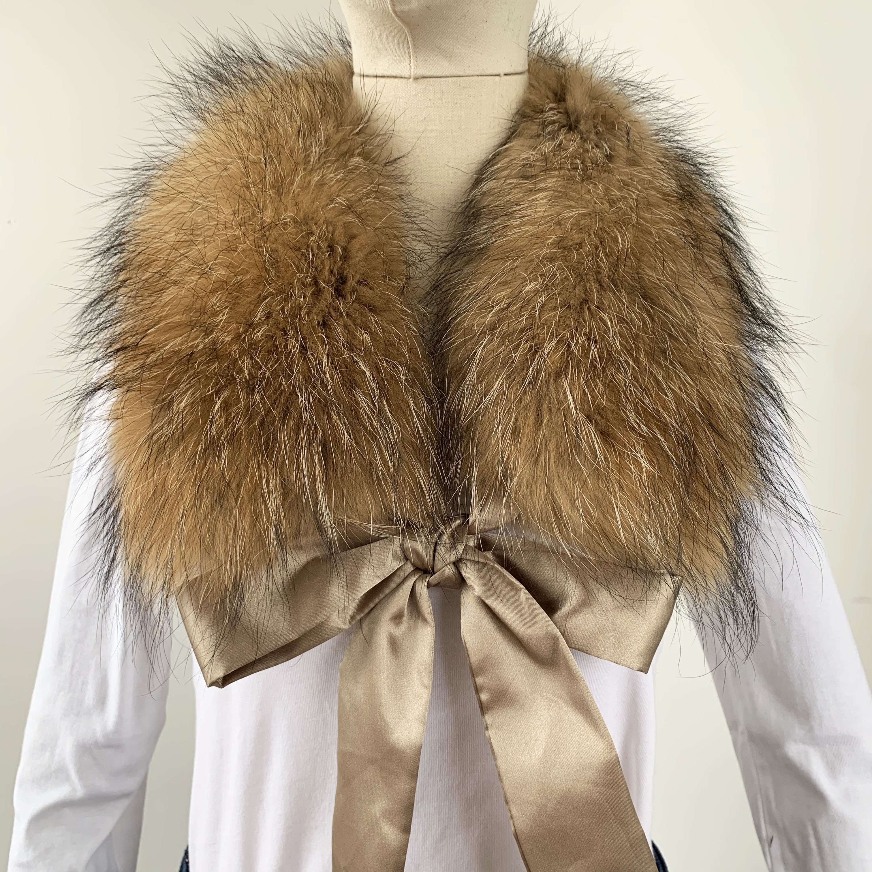 Top Quality Satin-Trimmed Natural Raccoon Fur Collar Scarf For Women