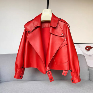 Girls Leather Jackets OEM Customized Sheep Skin Lamb Biker Jacket Red Leather Jacket