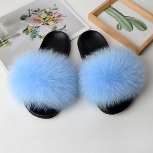 2024 Hot Sale Women's Fur Slipper Natural Big Fluffy Fox Fur House Slippers