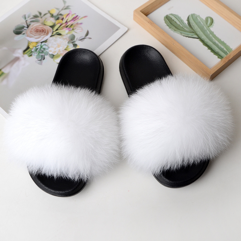 2024 Hot Sale Women's Fur Slipper Natural Big Fluffy Fox Fur House Slippers