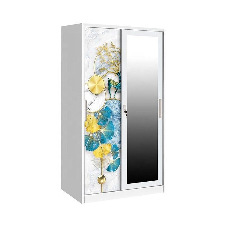 mirror steel wardrobe with lock sliding doors closet furniture for bedroom