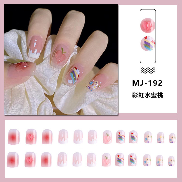 24pcs Cute Rainbow Peach Full Cover Artificial False Nails Wearing Reusable False Nails 3D Art Acrylic Chrome Press On Nails