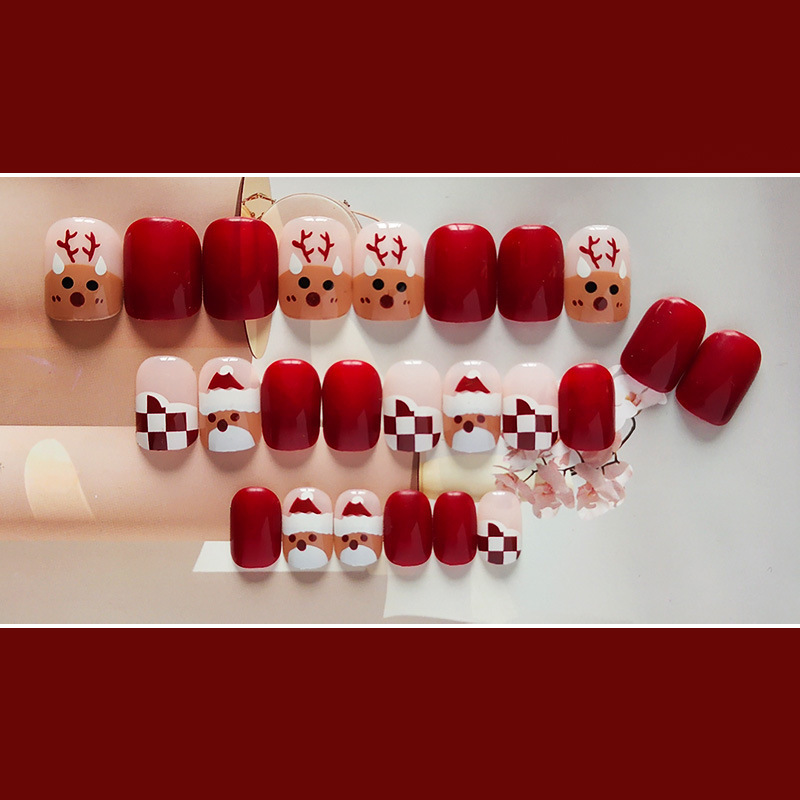 Christmas Short Square Press On Nails Cute Elk Snowflake Plaid Winter Xmas Artificial Fingernails