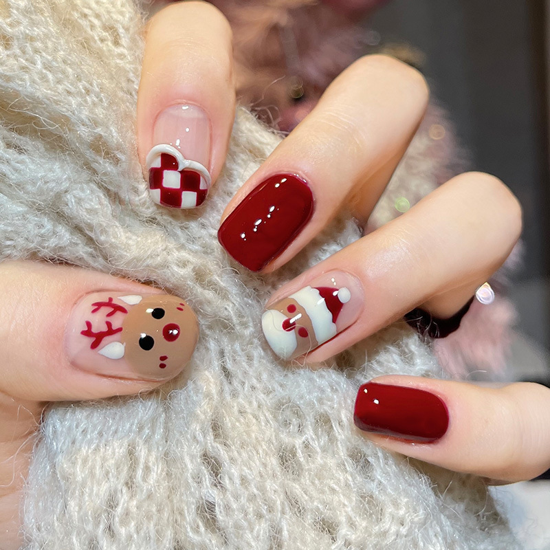 Christmas Short Square Press On Nails Cute Elk Snowflake Plaid Winter Xmas Artificial Fingernails