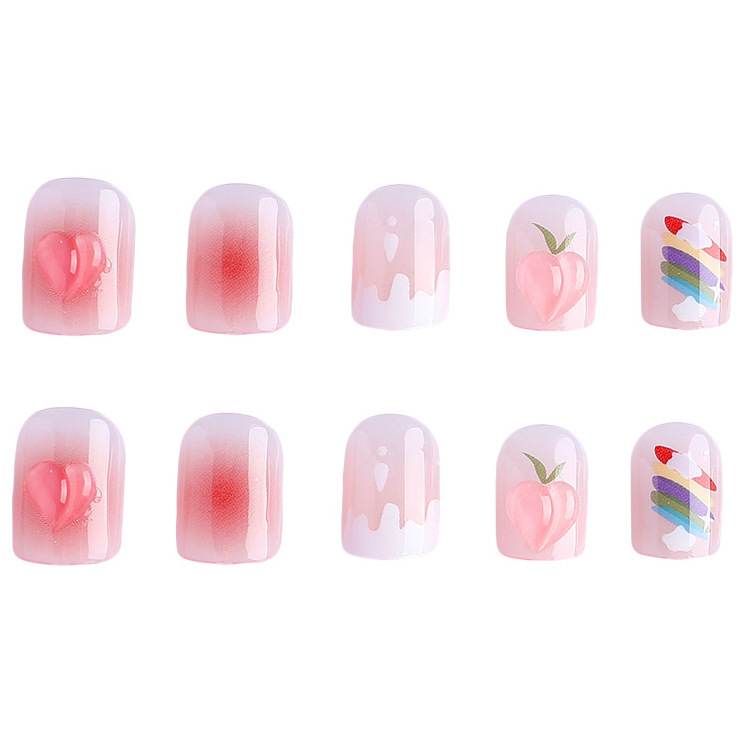 24pcs Cute Rainbow Peach Full Cover Artificial False Nails Wearing Reusable False Nails 3D Art Acrylic Chrome Press On Nails