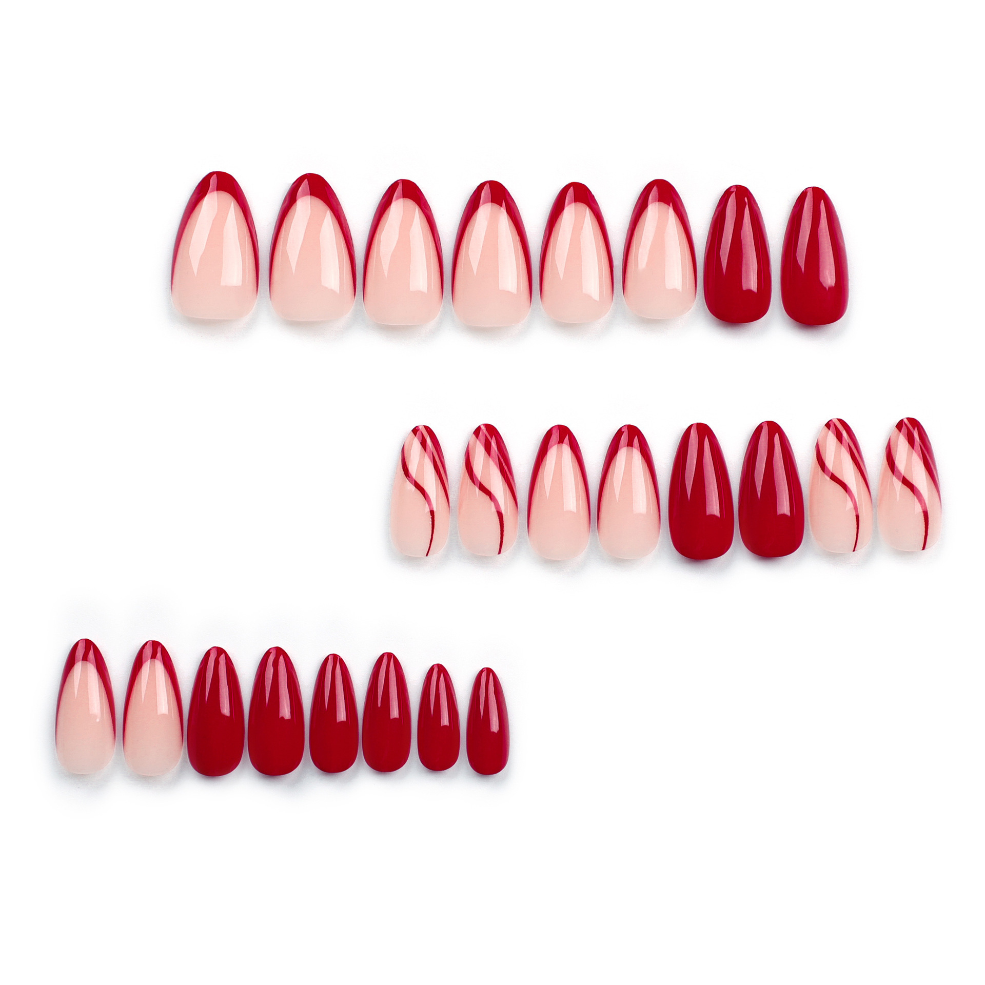 Solid French Red Ripple Line Almond Press On Nails 24PCS Wholesale Press On Nails Medium Length