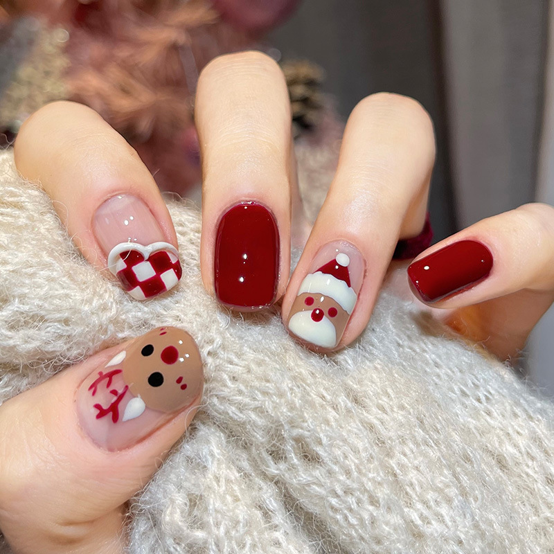 Christmas Short Square Press On Nails Cute Elk Snowflake Plaid Winter Xmas Artificial Fingernails