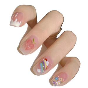 24pcs Cute Rainbow Peach Full Cover Artificial False Nails Wearing Reusable False Nails 3D Art Acrylic Chrome Press On Nails