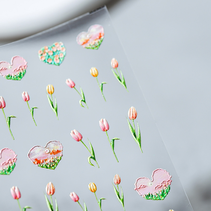 New Style Cute Tulip Pink Flowers Sweetie Heart Spring  Petal Leaf Nail Sticker Enhancement Stickers