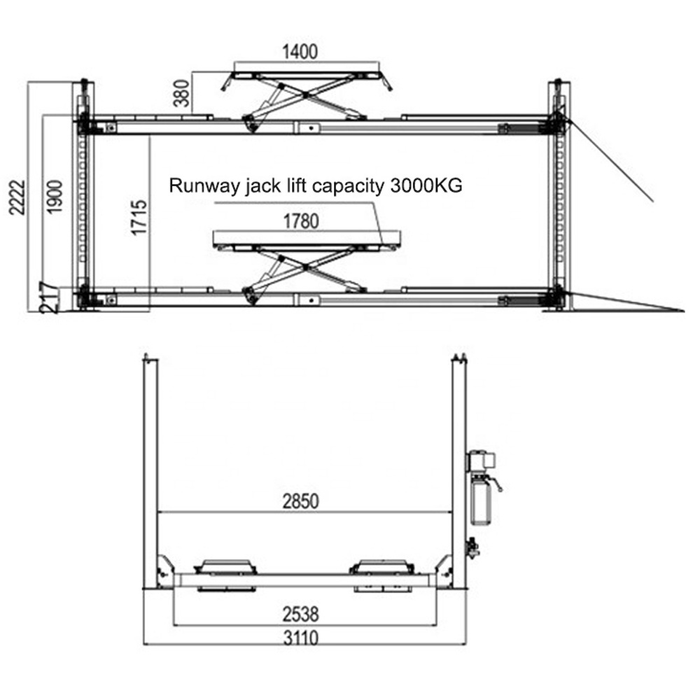 High quality wheel alignment four post hydraulic car lift heavy duty 4T with scissor type middle lift with CE