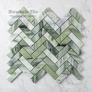 Bluwhale Tile One Stop Supplier Factory Price Herringbone Natural Stone Pool Tiles Green Marble Waterjet Marble Mosaic Tiles