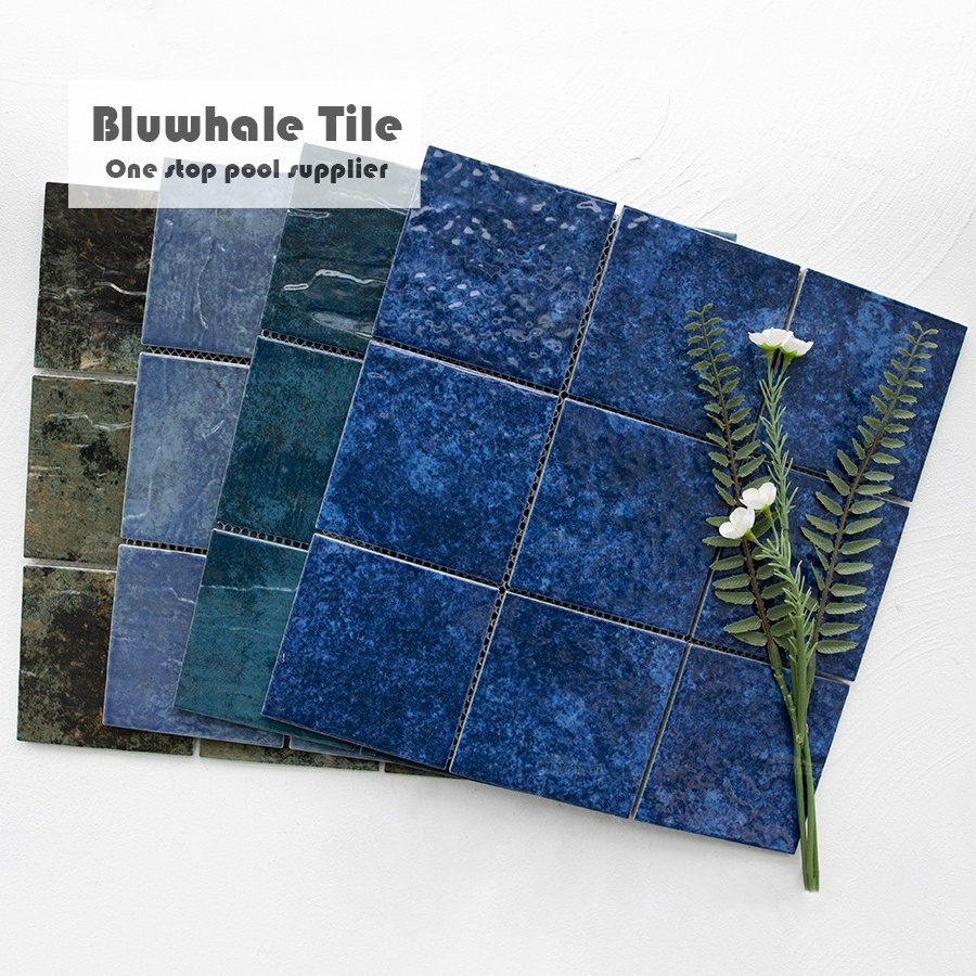 Bluwhale Tile Factory Glossy Glazed Ceramic Ink Jet Ripple Surface Square Mosaic Blue Porcelain Mosaico Tile Swimming Pool Tiles