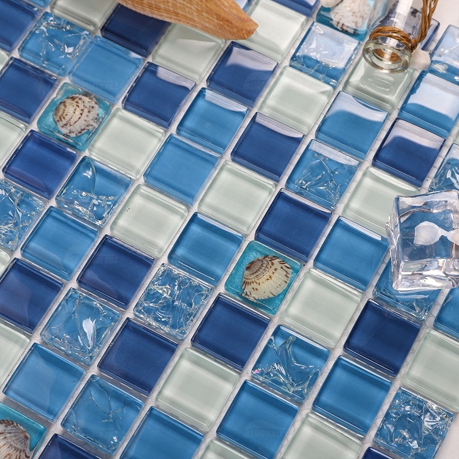 High Quality Bathroom Backsplash Wall Decor Mother Of Pearl Shell Blue Crystal Glass Mosaic Tiles Resin Mosaic Pool Tiles