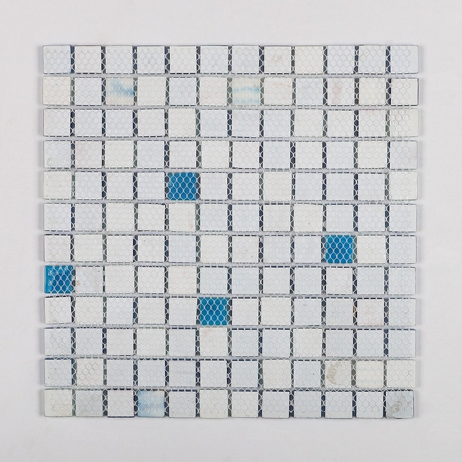 High Quality Bathroom Backsplash Wall Decor Mother Of Pearl Shell Blue Crystal Glass Mosaic Tiles Resin Mosaic Pool Tiles