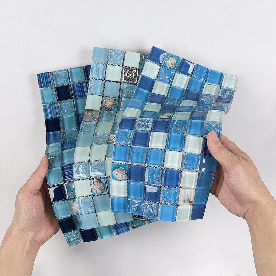 High Quality Bathroom Backsplash Wall Decor Mother Of Pearl Shell Blue Crystal Glass Mosaic Tiles Resin Mosaic Pool Tiles