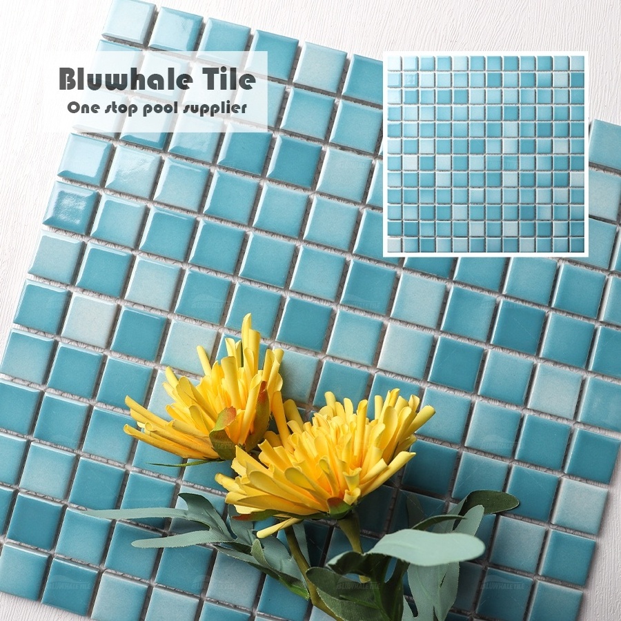 Bluwhale Tile Spa Bathroom Wall Decor 1x1 Ceramic Glazed Blend Blue Square Pool Porcelain Tile For Project