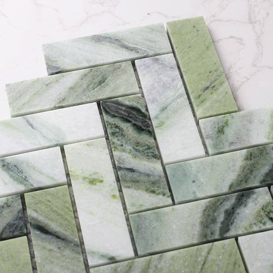 Bluwhale Tile One Stop Supplier Factory Price Herringbone Natural Stone Pool Tiles Green Marble Waterjet Marble Mosaic Tiles