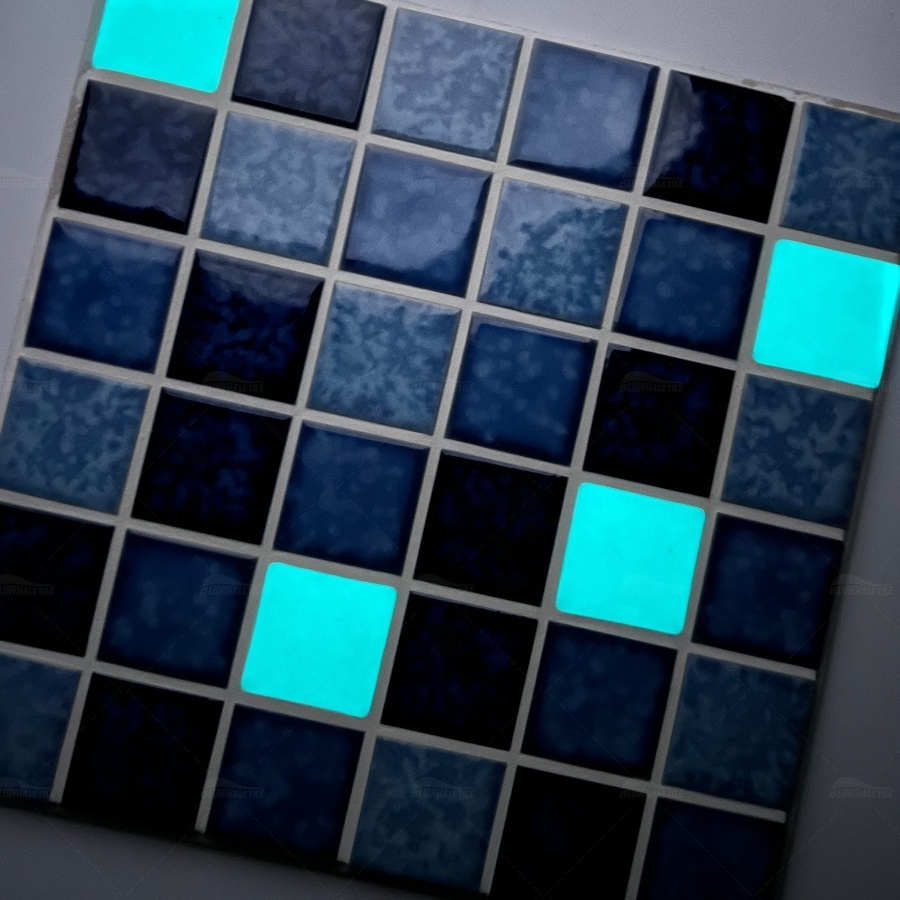 Bluwhale Tile Wholesale 2x2 Blue Luminous Fluorescent Swimming Pool Tiles Mosaic Ceramic Glazed Glow in the Dark Pool Tile