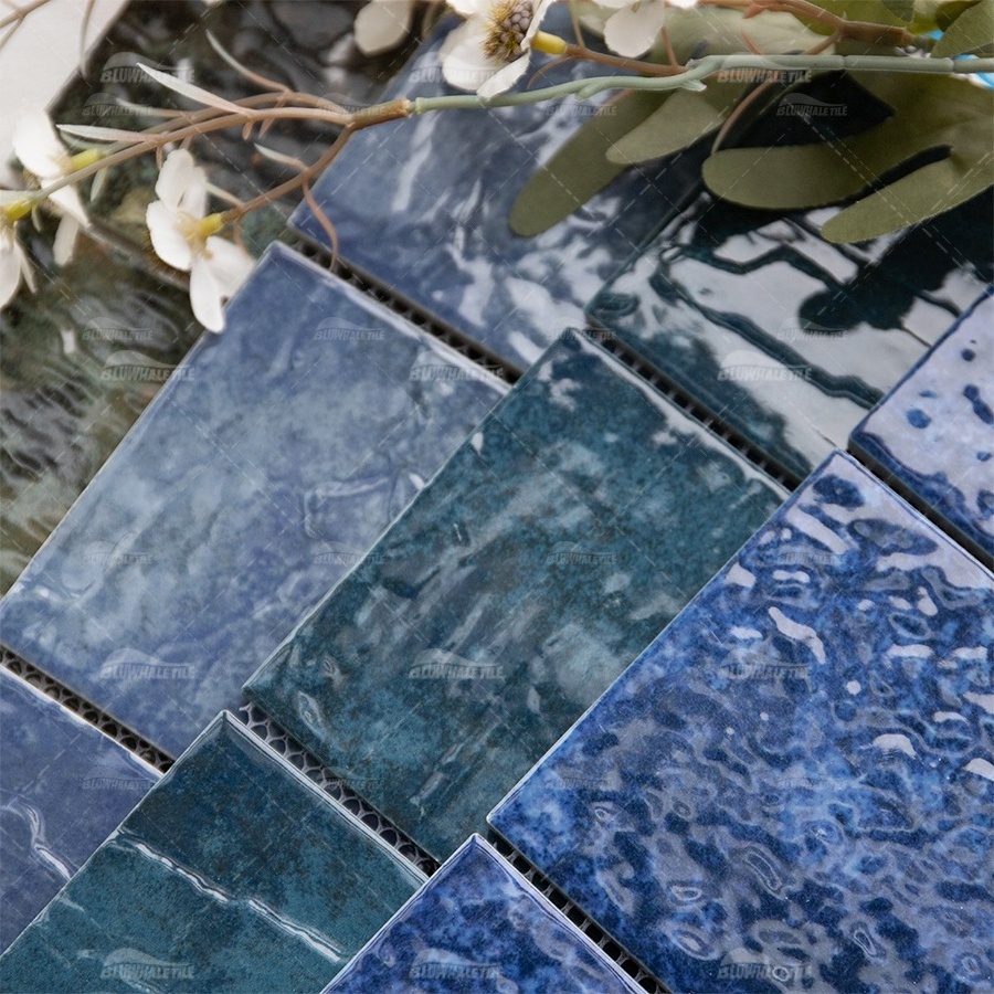 Bluwhale Tile Factory Glossy Glazed Ceramic Ink Jet Ripple Surface Square Mosaic Blue Porcelain Mosaico Tile Swimming Pool Tiles