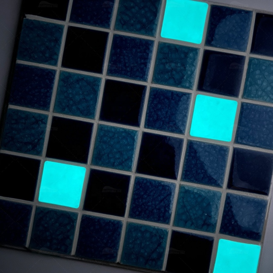 Bluwhale Tile Wholesale 2x2 Blue Luminous Fluorescent Swimming Pool Tiles Mosaic Ceramic Glazed Glow in the Dark Pool Tile