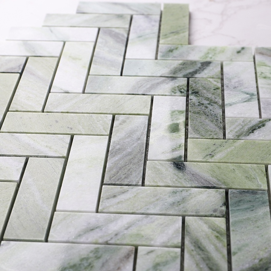 Bluwhale Tile One Stop Supplier Factory Price Herringbone Natural Stone Pool Tiles Green Marble Waterjet Marble Mosaic Tiles