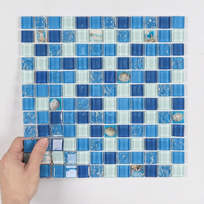 High Quality Bathroom Backsplash Wall Decor Mother Of Pearl Shell Blue Crystal Glass Mosaic Tiles Resin Mosaic Pool Tiles