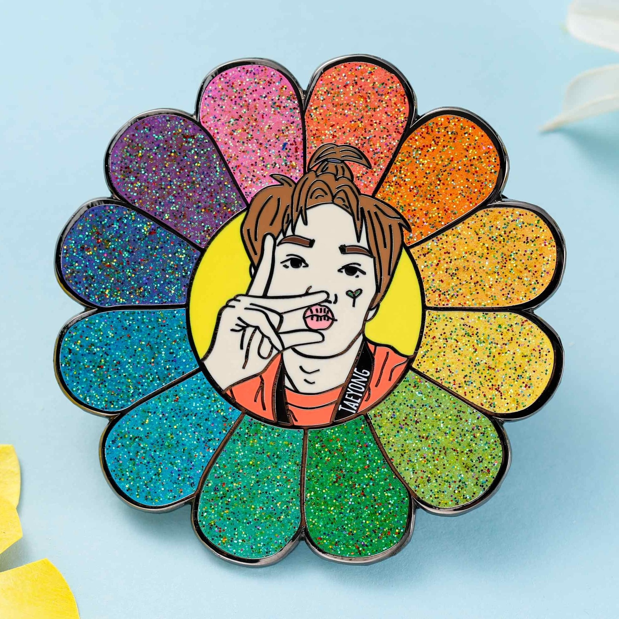 Custom stained glass rainbow glitter spinning hinge printing fantasy anime cartoon cute enamel lapel pin transparent enamel pin