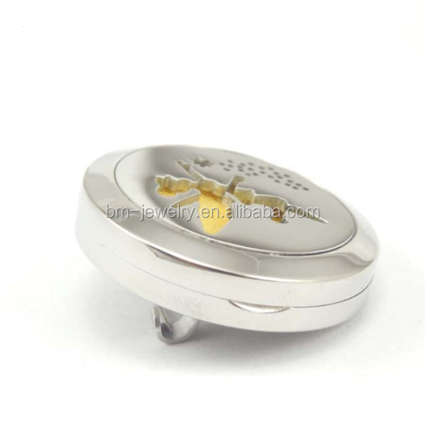 Bomei new design metal brooch pins/ badge 316L stainless steel essential oil diffuser Locket brooch with safety pin