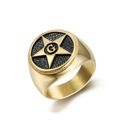 Bomei Jewelry Wholesale 316L Stainless Steel Masonic Ring For Men, Vintage Gold Star Design Master Masonic Letter G Signet Rings