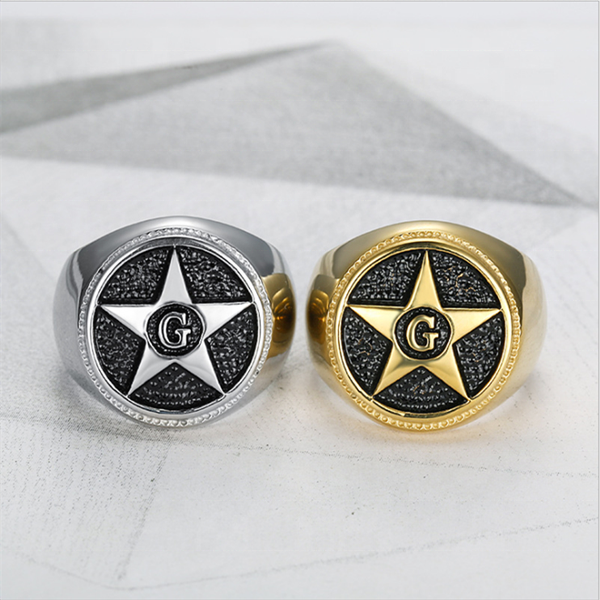 Bomei Jewelry Wholesale 316L Stainless Steel Masonic Ring For Men, Vintage Gold Star Design Master Masonic Letter G Signet Rings