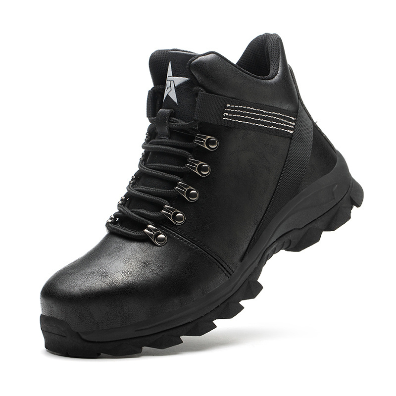 Fashion functional durable industrial leather work shoes high cut black light weigh steel toe casual safety boots for men