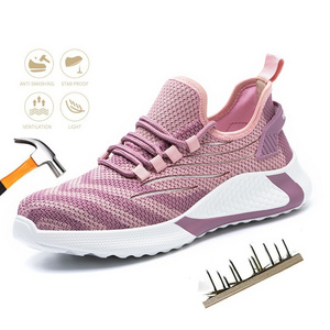 New functional lightweight knit ladies pink sport shoes steel toe women work safety shoes