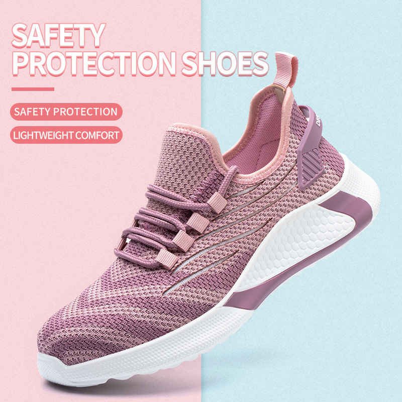 New functional lightweight knit ladies pink sport shoes steel toe women work safety shoes