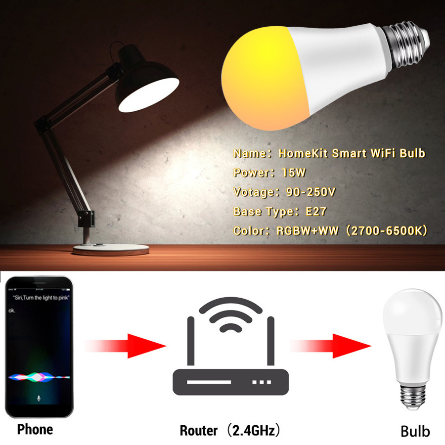 Homekit smart home bulb 12W 15W 18W RGB CW WW WiFi support 1000lm dimmable LED bulb light E27 lamp base smart home led light