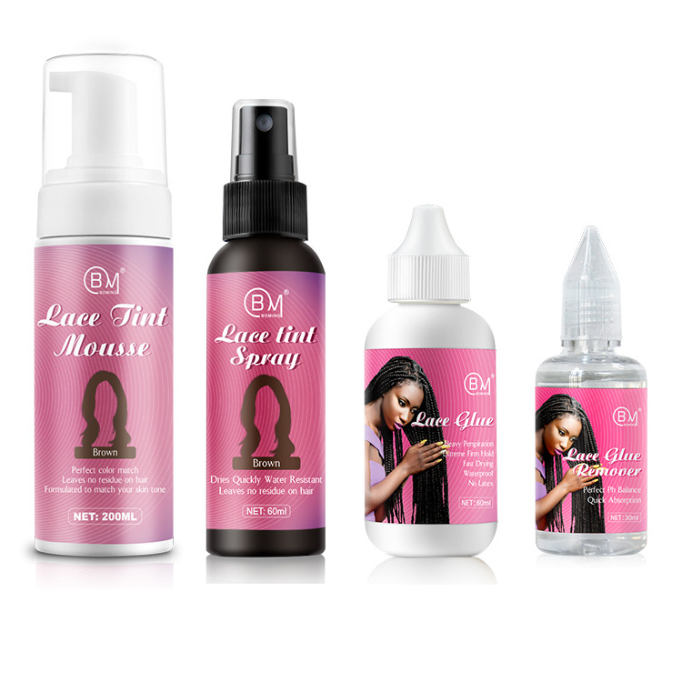 Private label waterproof wig hair lace glue and remover fast dry lace tint spray mousse hair extension tools