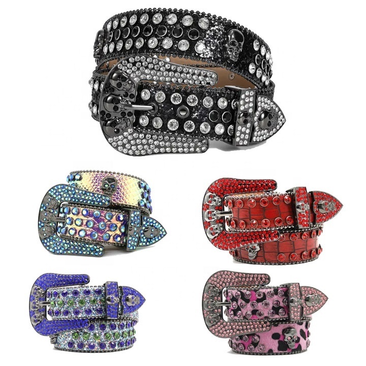 BB Fast Delivery Luxury Crystal Skull designer Men Women Belt Diamond Studded Rhinestone Belts Western Sparkle Leather Belts