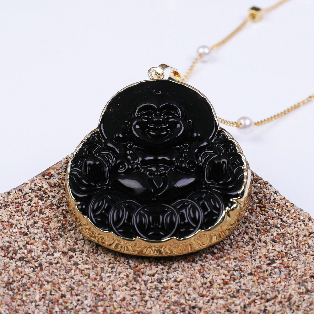 New Wholesale Crystal Obsidian Buddha Pendant Lucky Amulet Pendant Necklace Fine Jewelry for Women Men Sweater Chain