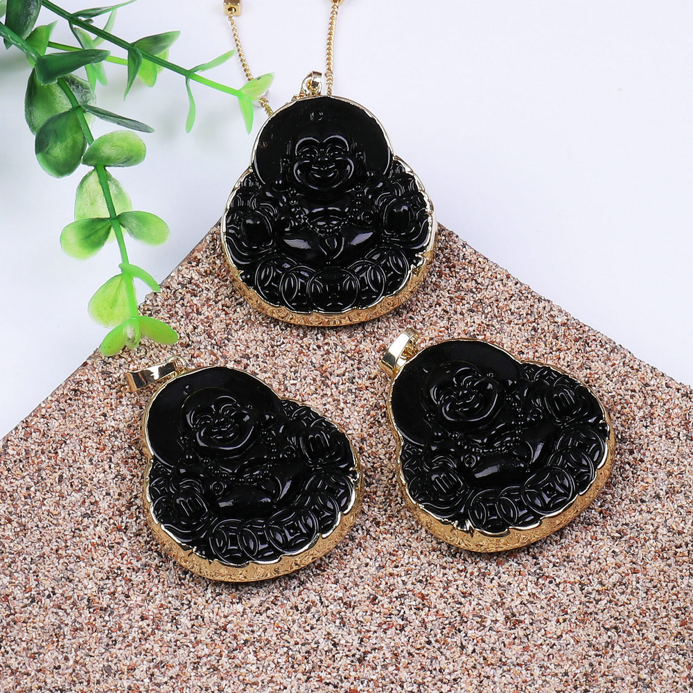 New Wholesale Crystal Obsidian Buddha Pendant Lucky Amulet Pendant Necklace Fine Jewelry for Women Men Sweater Chain