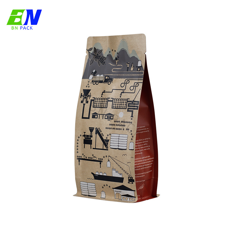 Custom Printing Biodegradable Flat Bottom Kraft Paper Bag Coffee Beans Packaging Bag With One Way Valve