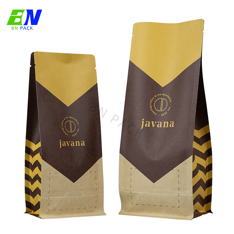 Custom Printing Biodegradable Flat Bottom Kraft Paper Bag Coffee Beans Packaging Bag With One Way Valve