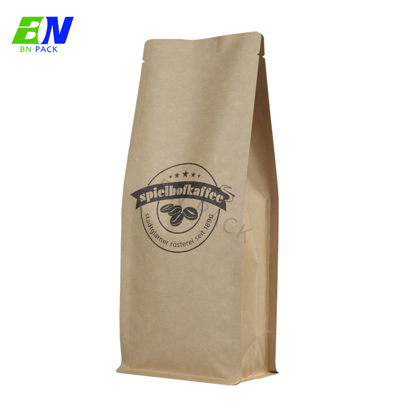 Custom Printing Biodegradable Flat Bottom Kraft Paper Bag Coffee Beans Packaging Bag With One Way Valve