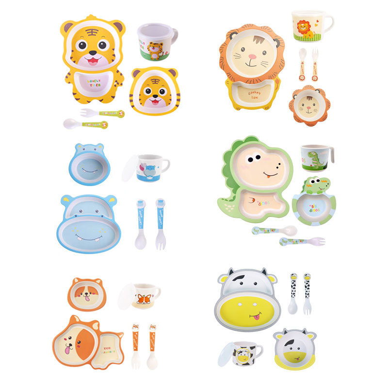 2022  New bamboo fiber children tableware kids plates and bowls Biodegradable baby feeding dishes 5pcs cartoon divided plate set