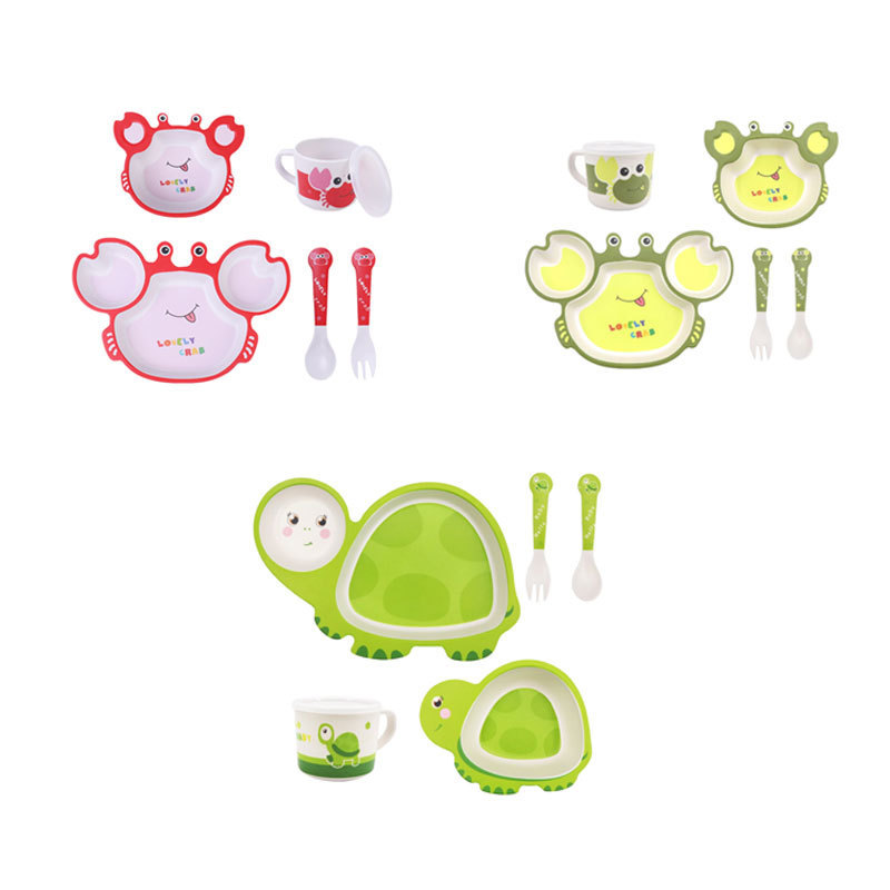 2022  New bamboo fiber children tableware kids plates and bowls Biodegradable baby feeding dishes 5pcs cartoon divided plate set