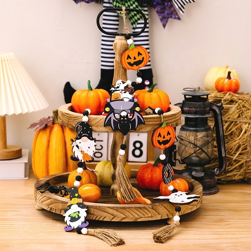 2023 wholesale Halloween  Home Party  Ghost Decoration Beads String Witch Pumpkin Bat Wall Hanging Pieces Pendant Wood Ornaments