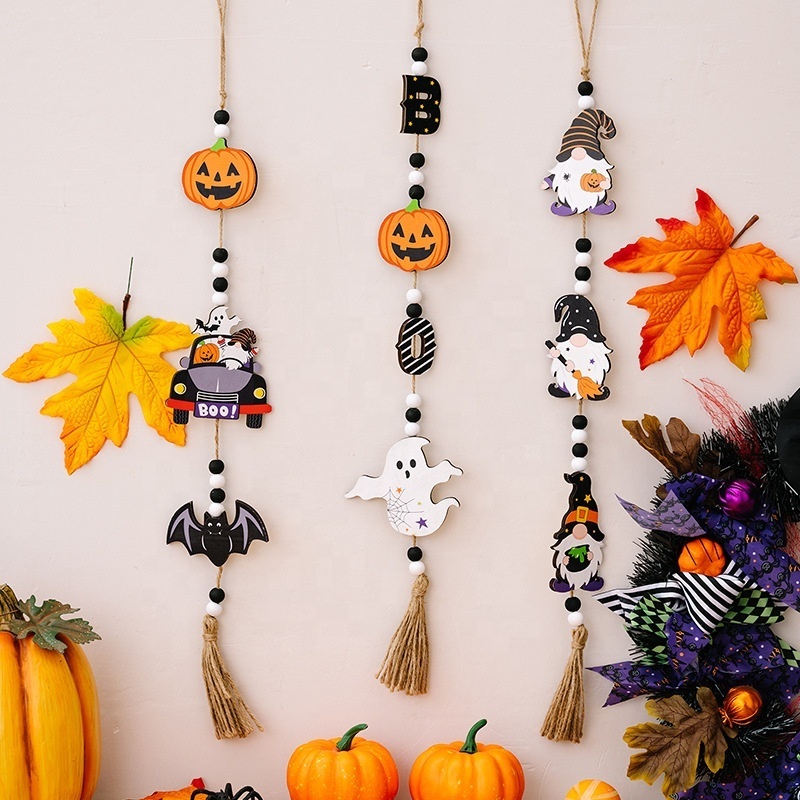 2023 wholesale Halloween  Home Party  Ghost Decoration Beads String Witch Pumpkin Bat Wall Hanging Pieces Pendant Wood Ornaments