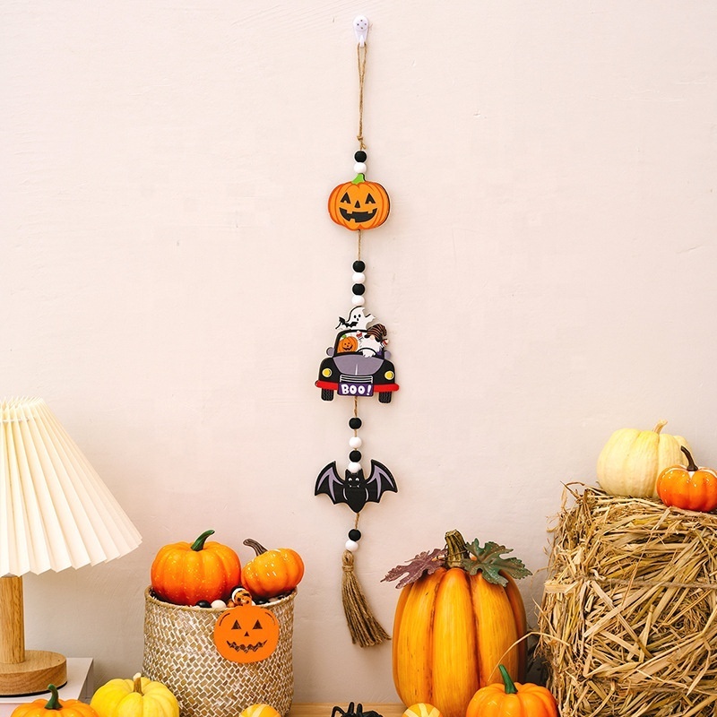 2023 wholesale Halloween  Home Party  Ghost Decoration Beads String Witch Pumpkin Bat Wall Hanging Pieces Pendant Wood Ornaments