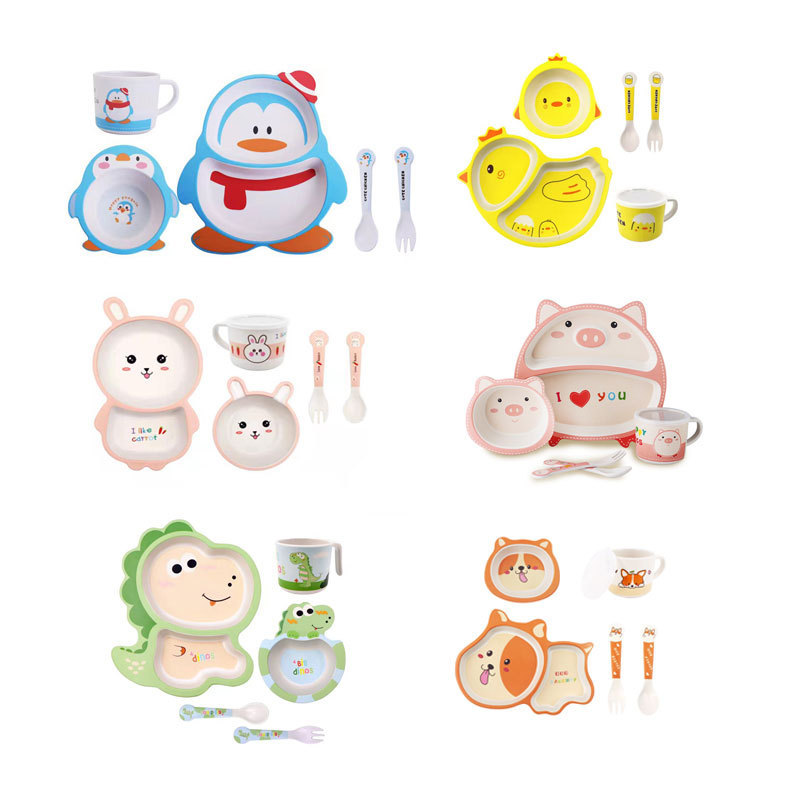 2022  New bamboo fiber children tableware kids plates and bowls Biodegradable baby feeding dishes 5pcs cartoon divided plate set