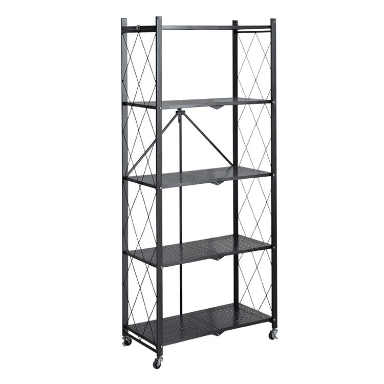 Foldable Storage Rack Iron 5 Shelf Foldable Book Stand with Wheels