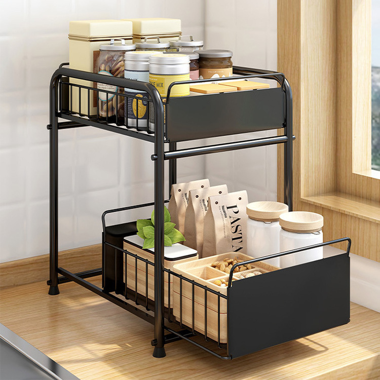 kitchen bathroom under sink storage shelf rack cabinet pull out 2 tier metal drawer sliding organizer