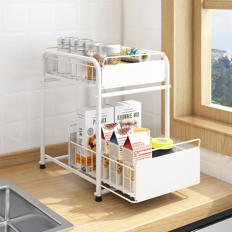 kitchen bathroom under sink storage shelf rack cabinet pull out 2 tier metal drawer sliding organizer